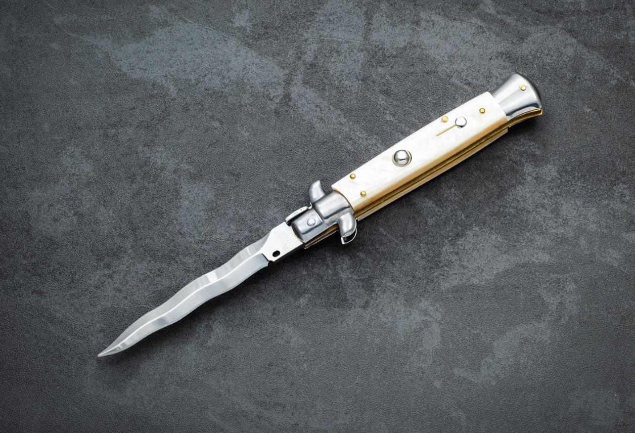 Frank Beltrame Knives 9" Italian Stiletto Automatic Kris Knife Polished Blade w/ Imitation Ivory Handle