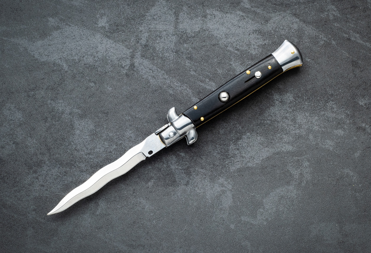 Frank Beltrame Knives 9" Italian Stiletto Automatic Kris Knife Polished Blade w/ Dark Wood Handle