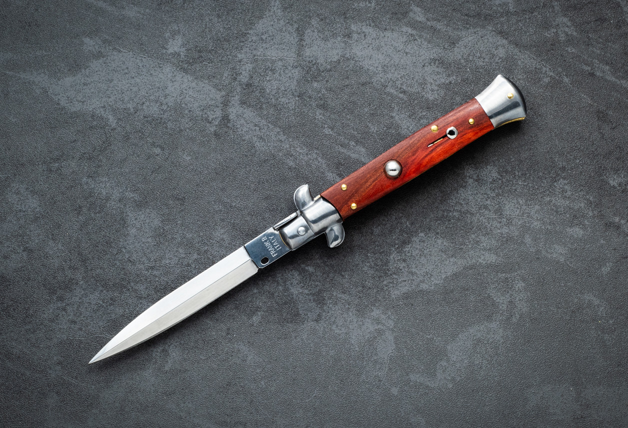 Frank Beltrame Knives 9" Italian Stiletto Automatic Dagger Knife Polished Blade w/ Red heart Wood Handle