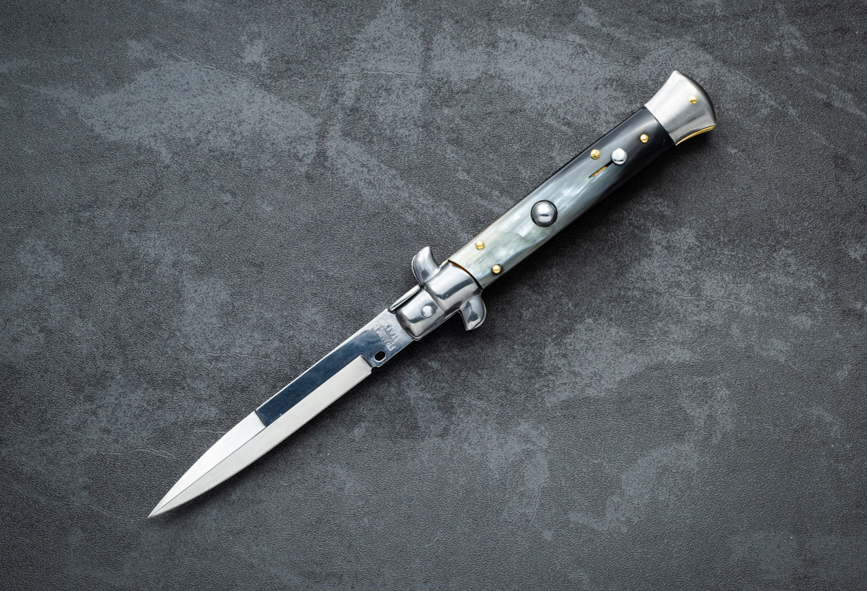 Frank Beltrame Knives 9" Italian Stiletto Automatic Bayonet Knife Polished Blade w/ Black Horn Handle