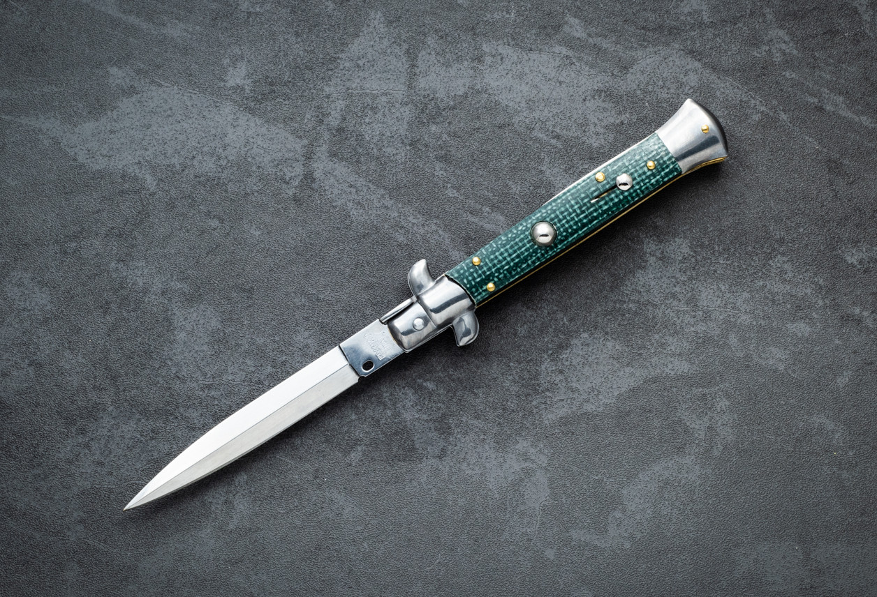 Frank Beltrame Knives 9" Italian Stiletto Automatic Bayonet Knife Polished Blade w/ Green Micarta Handle