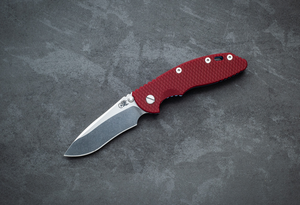 Rick Hinderer Knives XM-18 3.5" Recurve Non-Flipper MagnaCut Stonewash Blade w/ Blue Frame Lock and Red G10 Handle