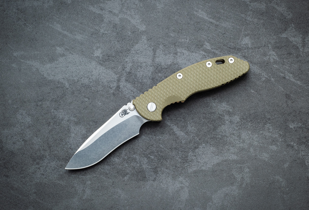 Rick Hinderer Knives XM-18 3.5" Recurve Non-Flipper MagnaCut Stonewash Blade w/ Bronze Frame Lock and OD Green G10 Handle