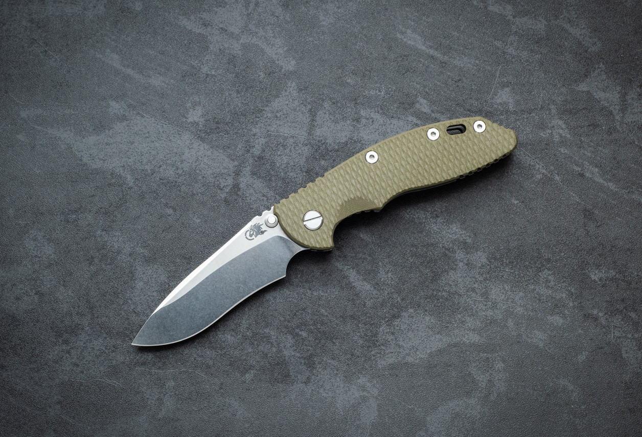 Rick Hinderer Knives XM-18 3.5" Recurve Non-Flipper MagnaCut Stonewash Blade w/ Working Finish Frame Lock and OD Green G10 Handle