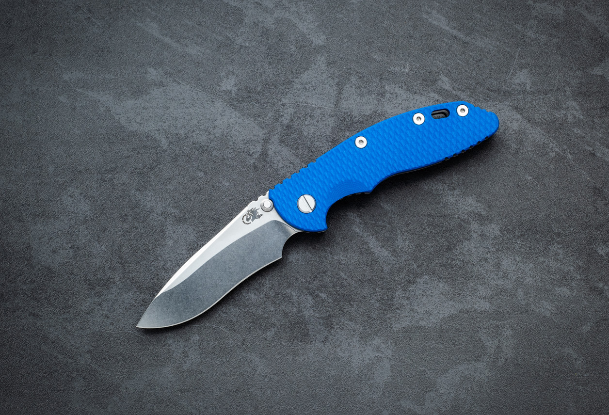Rick Hinderer Knives XM-18 3.5" Recurve Non-Flipper MagnaCut Stonewash Blade w/ Working Finish Frame Lock and Blue G10 Handle