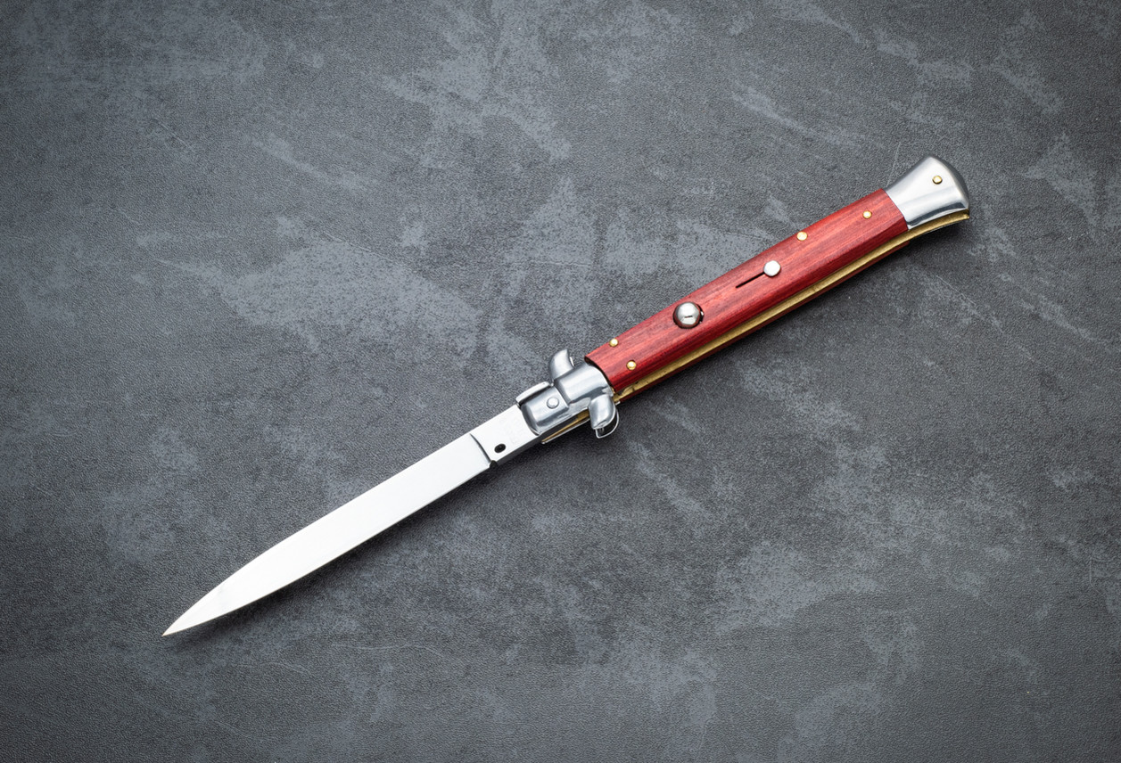 Frank Beltrame Knives 11" Italian Stiletto Automatic Spear Point Flat Grind Knife Polished Blade Red Heart Wood Handle