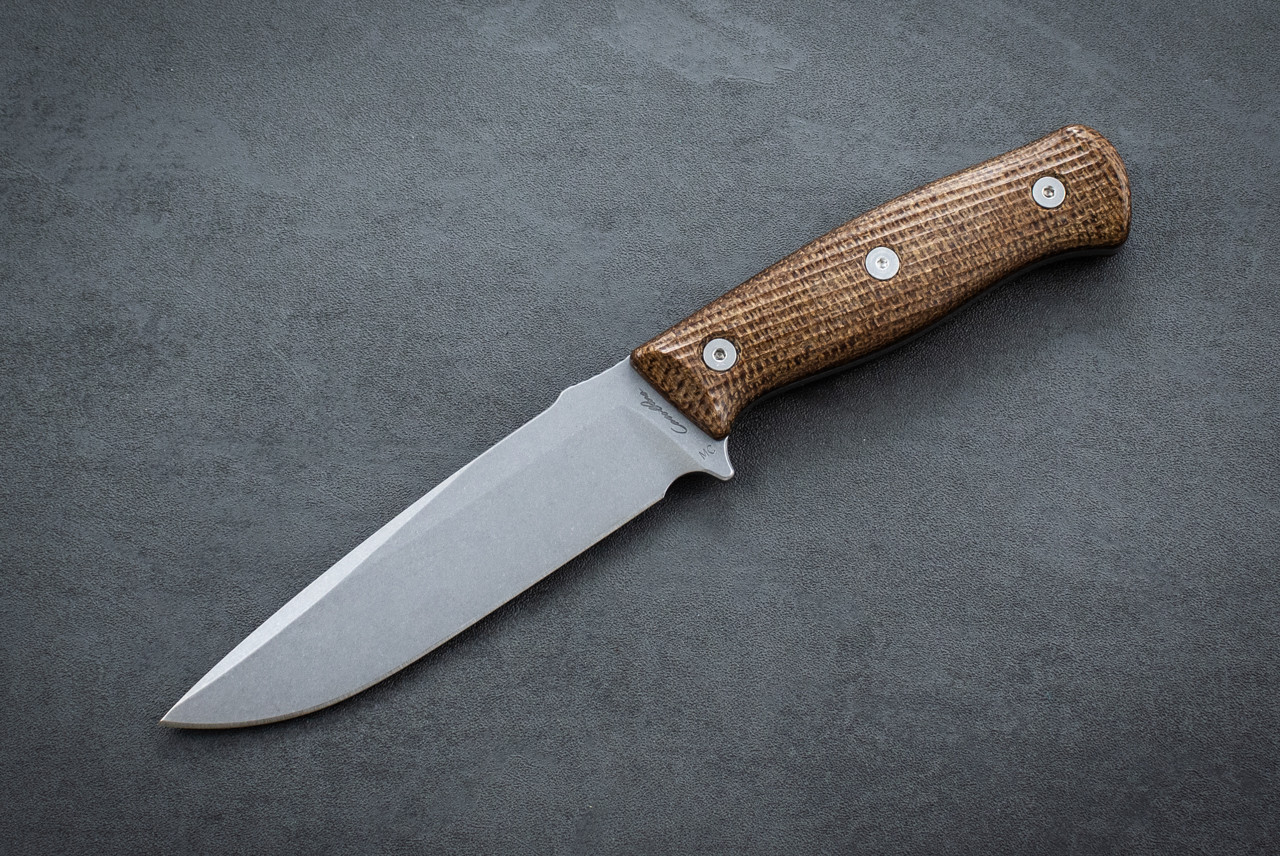 Carothers Performance Knives FK3 Field Knife MagnaCut Stonewash Blade w/ Buffed Burlap Micarta Handle and Stainless Steel Hardware