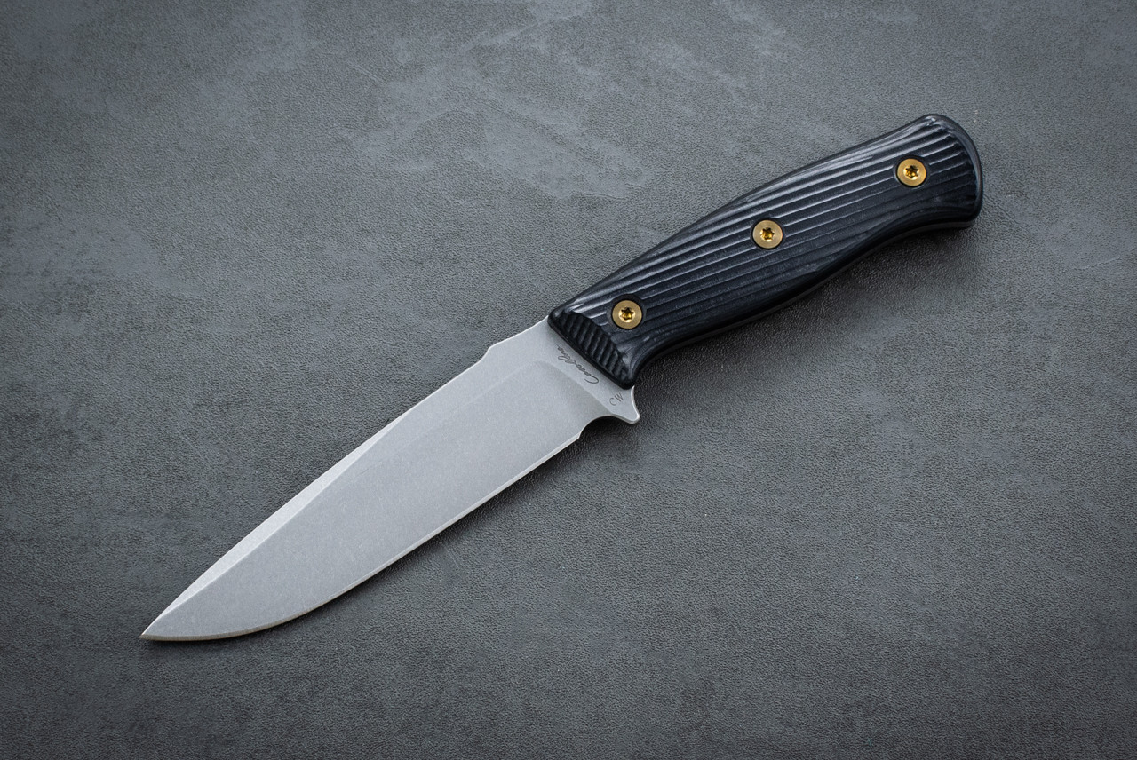 Carothers Performance Knives FK3 Field Knife CruWear Stonewash Blade w/ Buffed Double Black Linen Micarta Handle and Gold Titanium Hardware