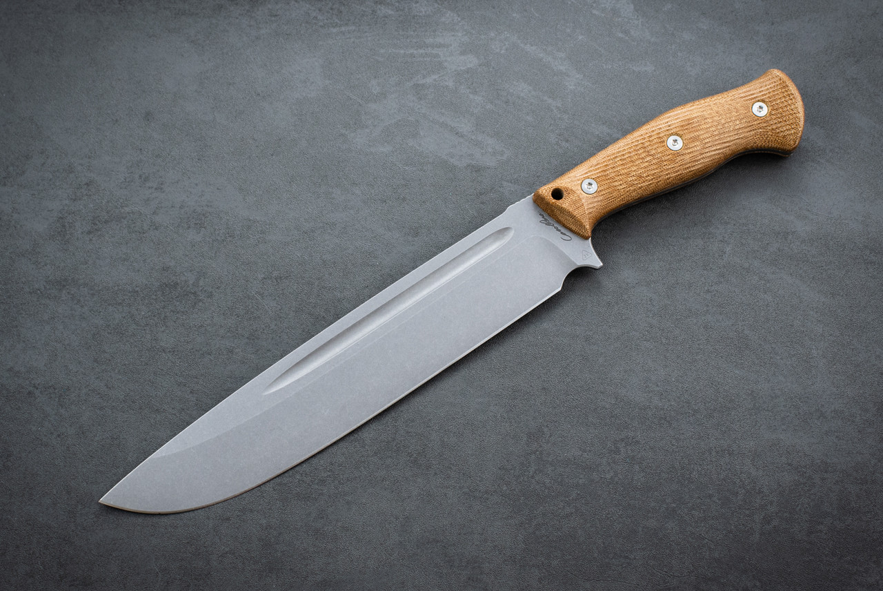 Carothers Performance Knives Light Chopper Knife Delta 3V Stonewash Blade w/ Buffed Vintage Micarta Handle and Polished Titanium Hardware