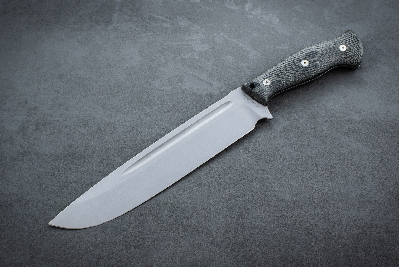 Carothers Performance Knives Light Chopper Knife Delta 3V Stonewash Blade w/ Buffed Black Canvas Micarta Handle and Stainless Steel Hardware