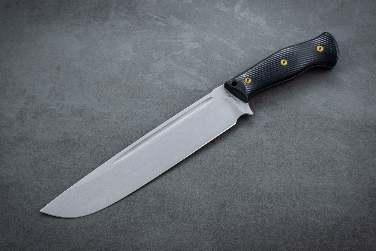 Carothers Performance Knives Standard Chopper Knife Delta 3V Stonewash Blade w/ Buffed Double Black Canvas Micarta Handle and Gold Titanium Hardware