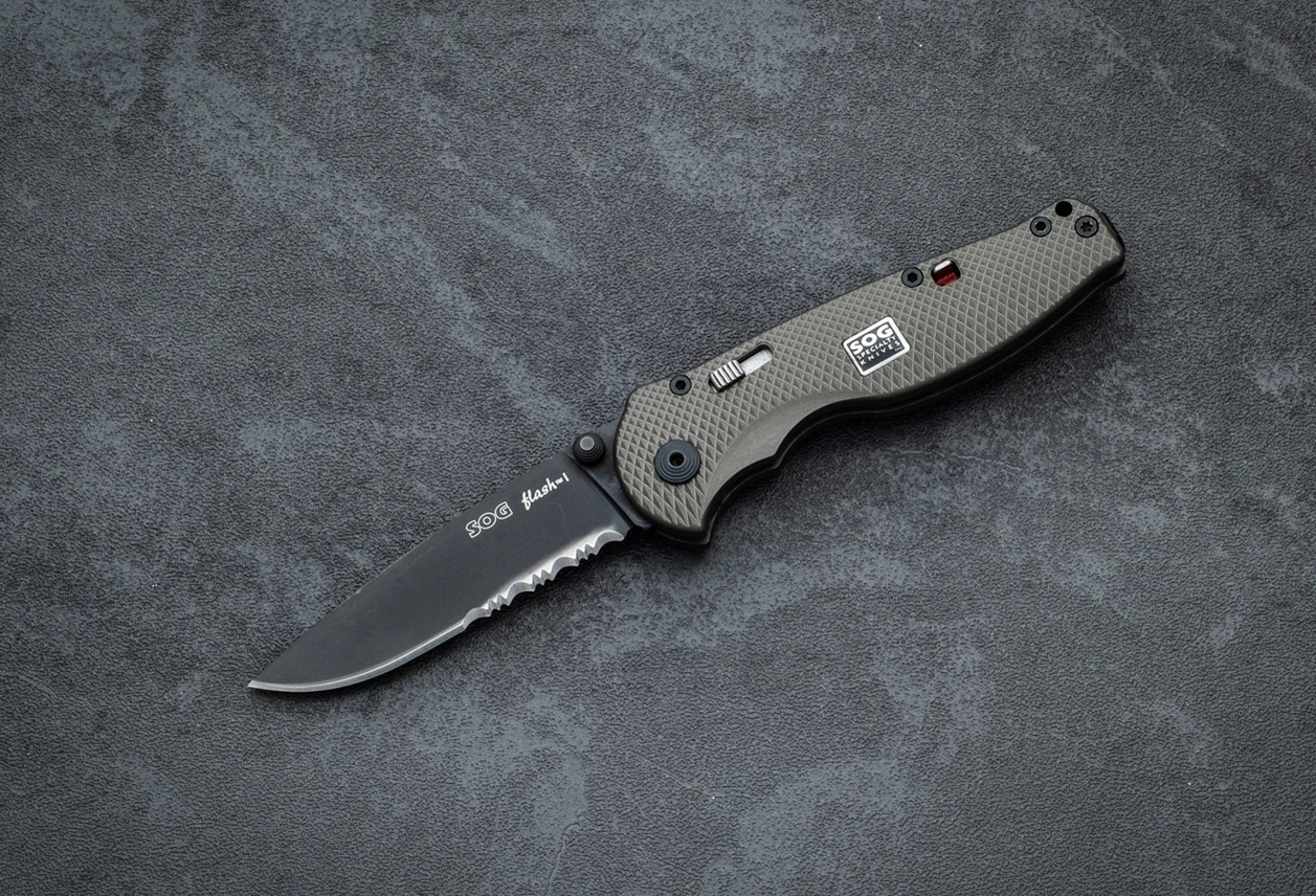 SOG Knives Flash I Assisted Opening Knife Black Blade Partially Serrated w/ Graphite Aluminum Handle - STGFSA97 