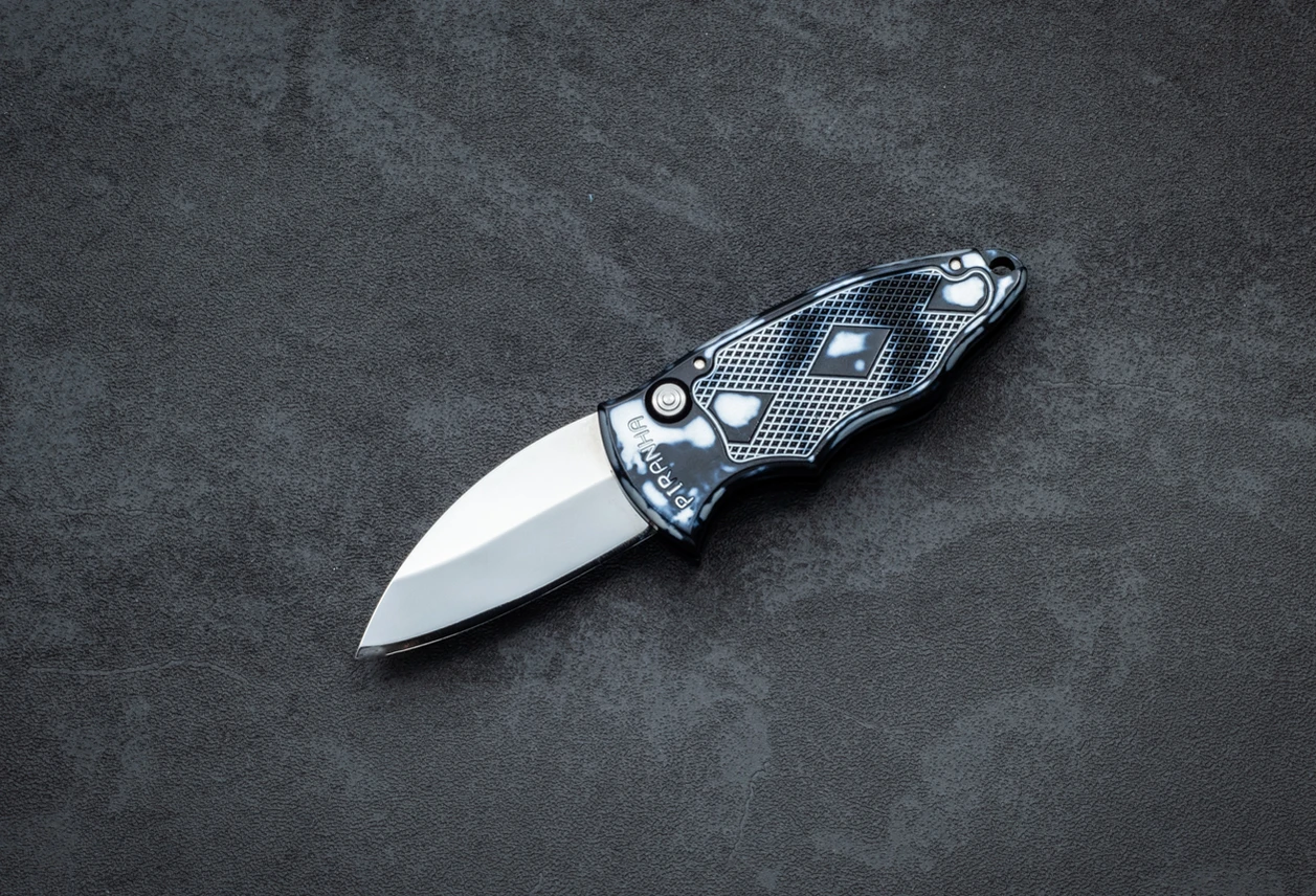 Piranha Knife Company Automatic Knife Mirror Polished Blade w/ Black / White Aluminum Handle 