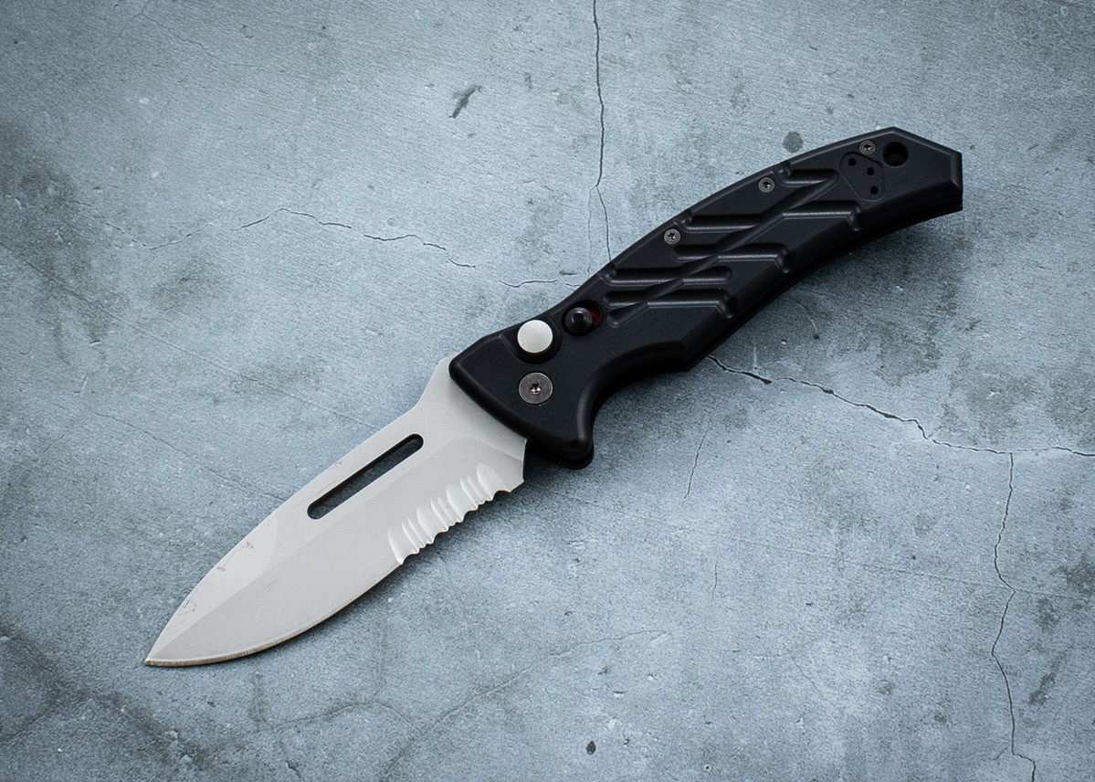 Ontario Knife Company XM-1 Extreme Military Prototype Automatic Knife Bead Blast Partially Serrated Blade w/ Black Aluminum Handle