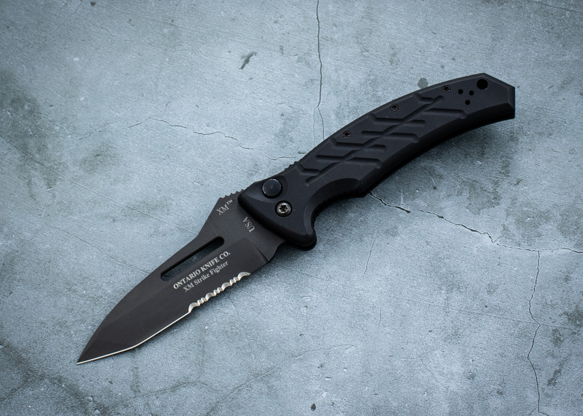 Ontario Knife Company XM Strike Fighter Automatic Knife Black Partially Serrated Blade w/ Black Aluminum Handle