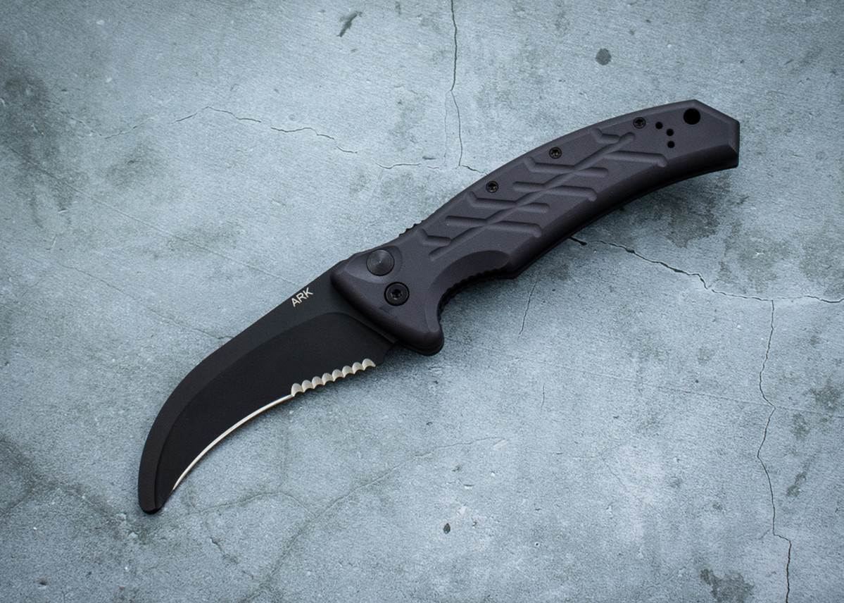 Ontario Knife Company Automatic Rescue Knife Black Partially Serrated Blade w/ Gray Aluminum Handle