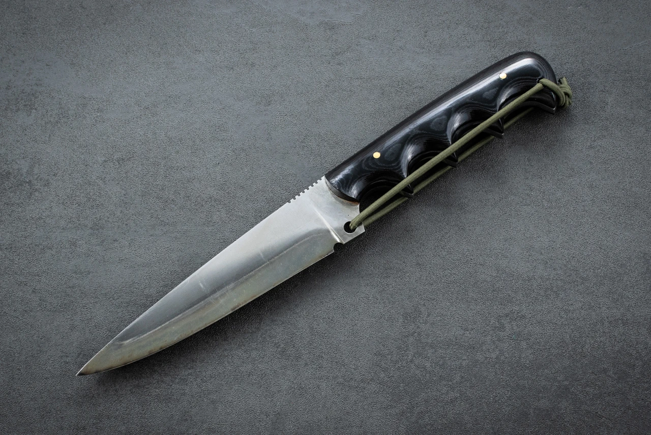 Fred Perrin Concept Custom Military Stiletto Fixed Blade Single Edge Blue Gun Finish w/ Black Canvas Micarta Handle and Sheath
