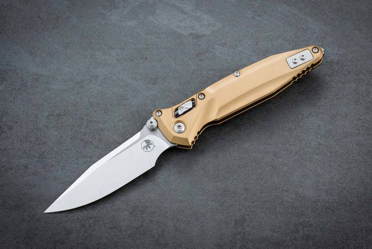 Microtech Knives Socom RAM-LOK S/E Manual Knife Clip Point Stonewash Blade w/ Tan Aluminum Handles - 159RL-10TA
