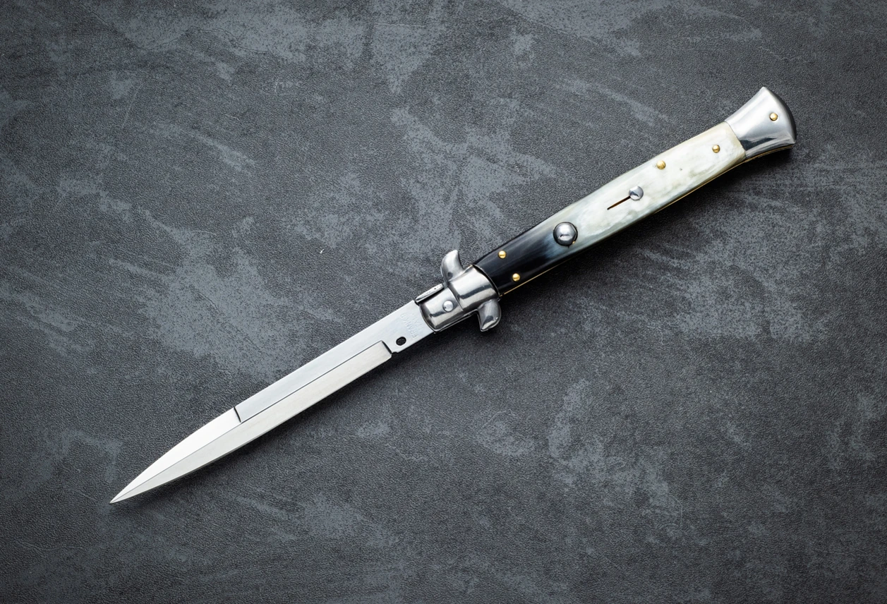 Frank Beltrame Knives 11" Italian Stiletto Automatic Bayonet Knife Polished Blade w/ Brazilian Horn Handle
