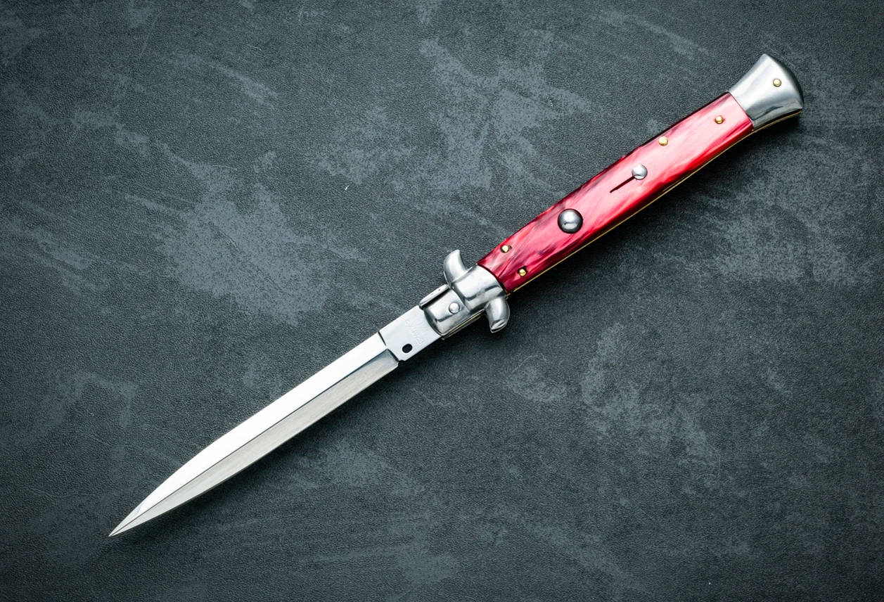 Frank Beltrame Knives 11" Italian Stiletto Automatic Dagger Knife Polished Blade w/ Red Pearlex Handle