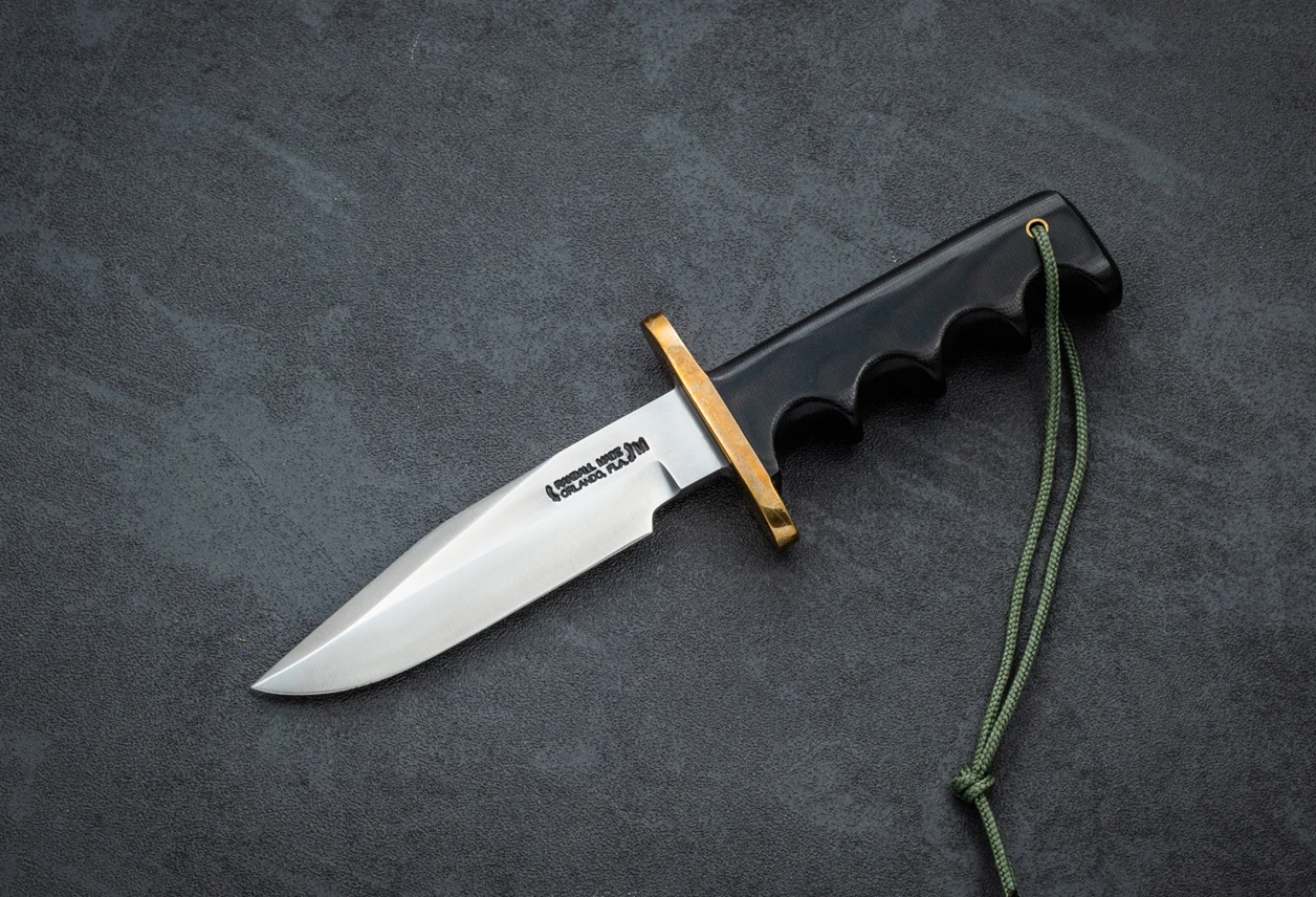 Randall Made Knives Model 14 Miniature Fixed Blade Carbon Steel Polished w/ Black Micarta 4 Finger Grip Handle and Leather Sheath