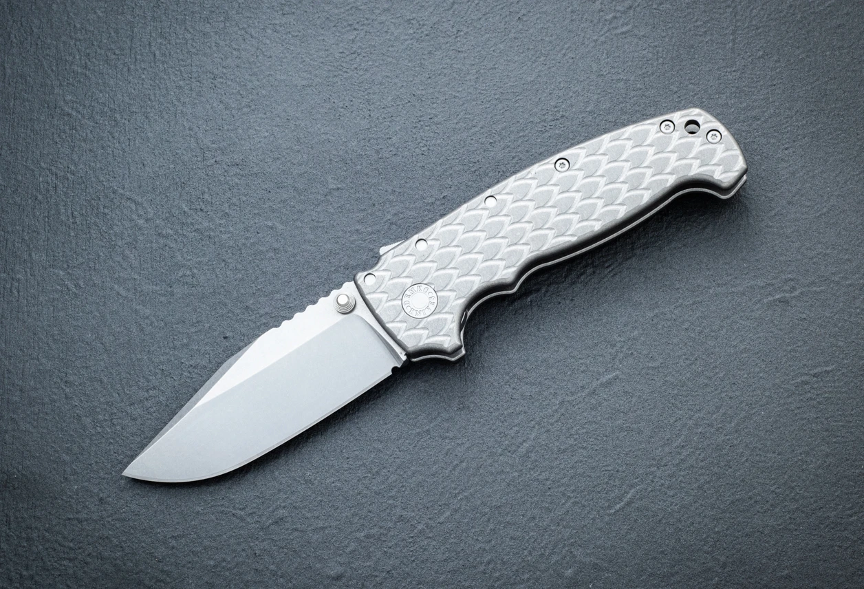 Demko Knives MGAD20 XXX Folding Knife Shark Lock Clip Point Swedge 3V Stonewashed Blade w/ Dragon Scale Titanium Handles - Stud Only
