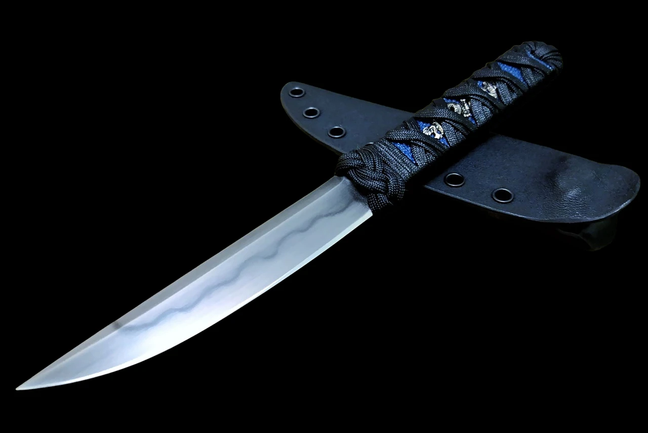 Ecos Knives 10" Custom Kwaiken Hamon Lined Blade w/ Black Turk Stingray / Paracord Handle Menuki and Sheath