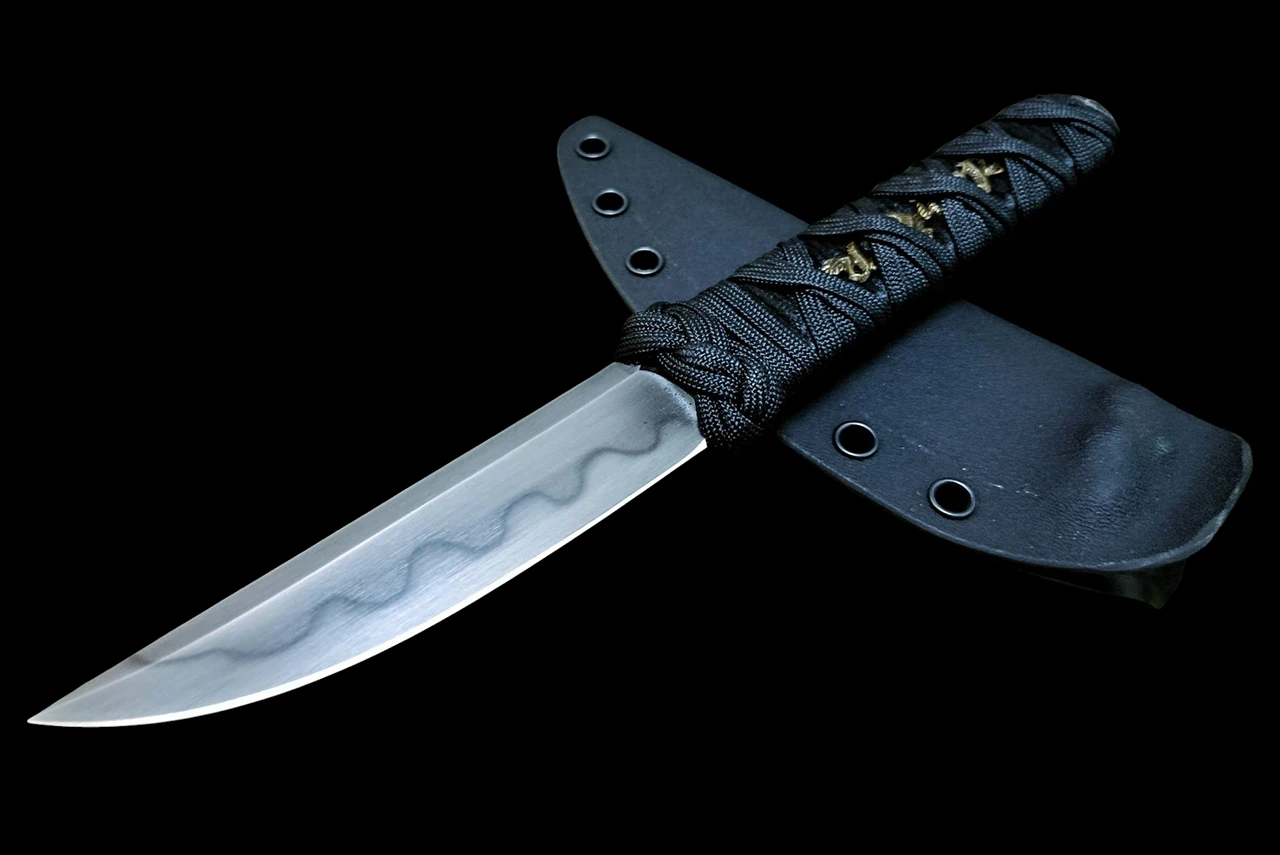 Ecos Knives 9" Custom Kwaiken Hamon Lined Blade w/ Black Turk Satin Cord / Paracord Handle Menuki and Sheath