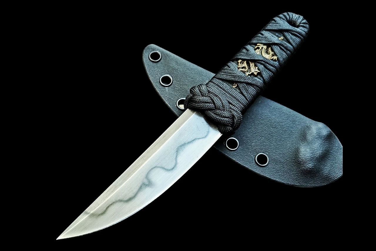 Ecos Knives 8" Custom Kwaiken Hamon Lined Blade w/ Black Turk Satin Cord / Paracord Handle Menuki and Sheath
