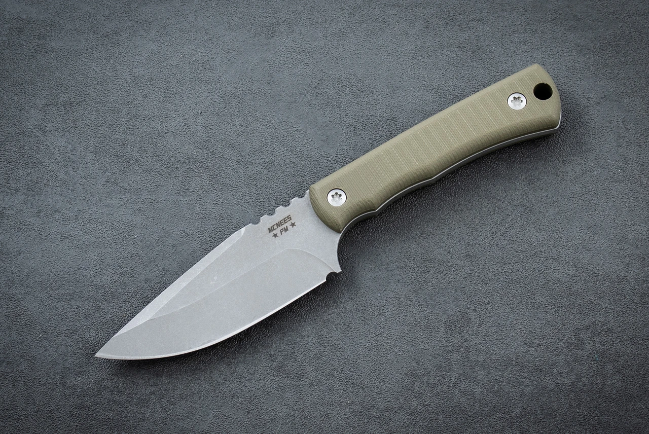 McNees Custom Knives FX MUK Fixed Blade MagnaCut Stonewash Atomic w/ OD Green G-10 Handle and Sheath