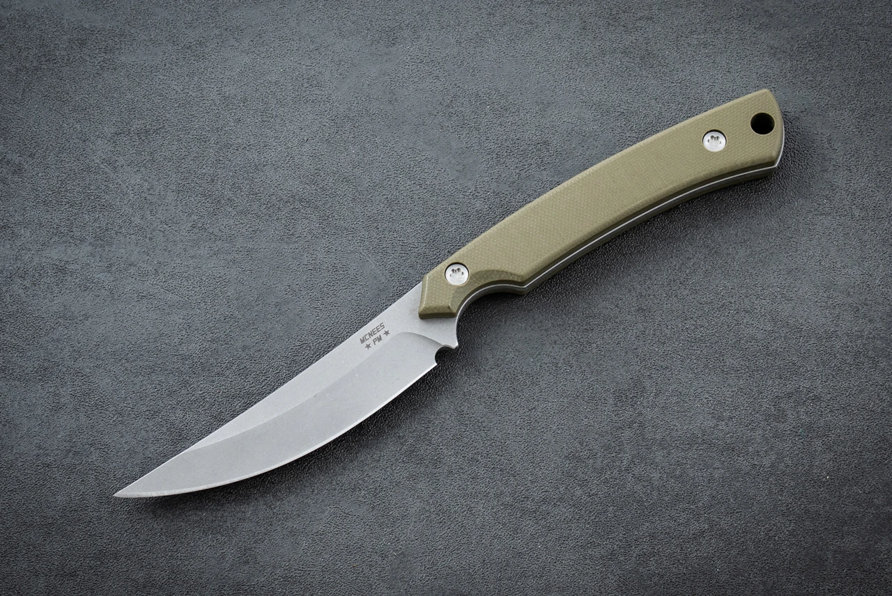McNees Custom Knives FX Foul Play Fixed Blade MagnaCut Stonewash Atomic w/ OD Green G-10 Handle and Sheath