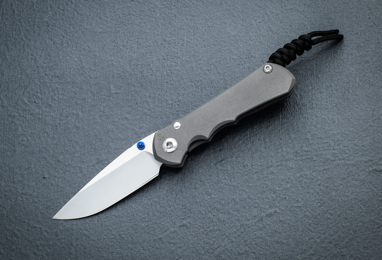 Chris Reeve Knives Small Inkosi Drop Point MagnaCut Stonewash Blade w/ Sandblasted Titanium Handle - Blue Thumb Lugs