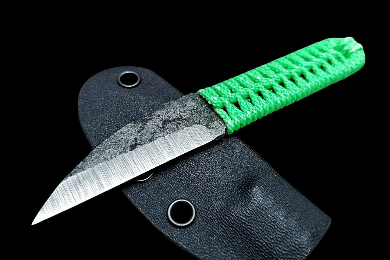 Ecos Knives 5.25" Custom Fixed Blade Firescale w/ Green Cord Wrapped Handle and Sheath