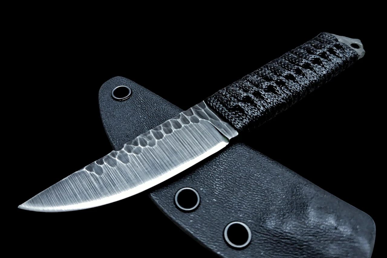 Ecos Knives 6.125" Custom Fixed Blade Knapped Texture w/ Black Cord Wrapped Handle and Sheath
