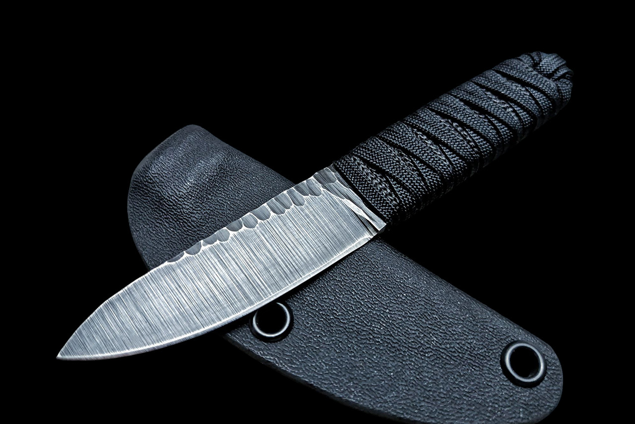 Ecos Knives 6.25" Custom Fixed Blade Knapped Texture  w/ Black Cord Wrapped Handle and Sheath