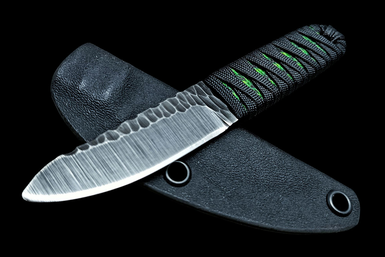 Ecos Knives 6.25" Custom Fixed Blade Knapped Texture  w/ Black / Green Cord Wrapped Handle and Sheath