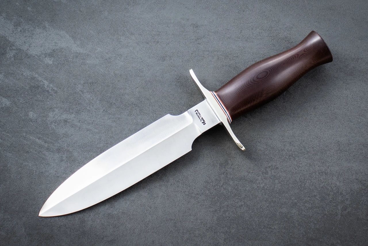 Tom Clinton Special By Randall Made Knives Stainless Steel Satin Blade w/ Maroon Micarta Handle and Leather Sheath