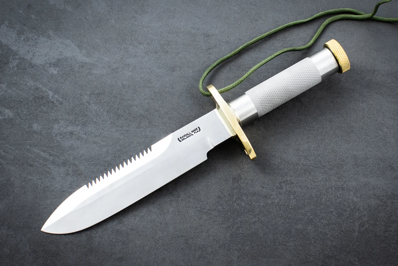 Randall Made Knives Model 18-7 1/2" Attack Survival Fixed Blade knife Carbon Steel Polished Blade w/ Knurled Stainless Steel Handle and Leather Sheath