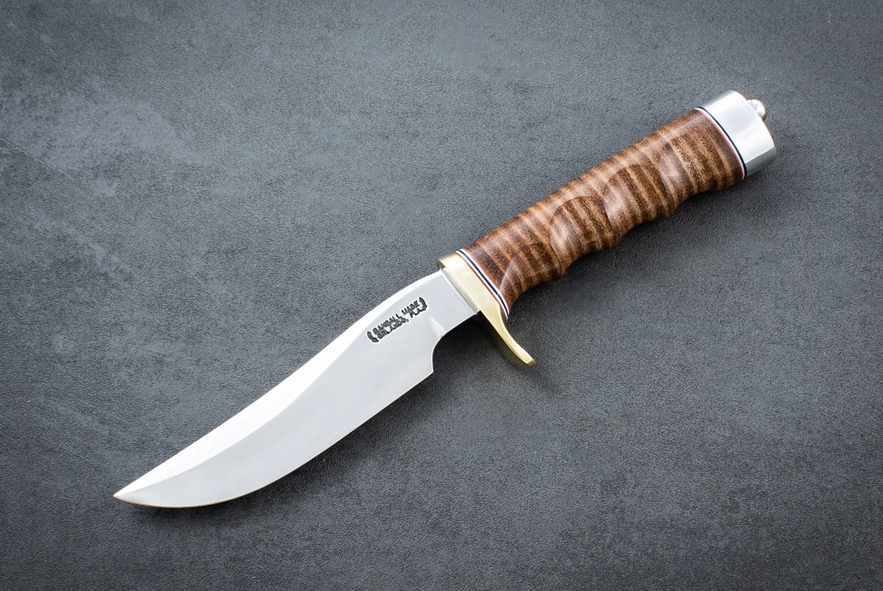 Randall Made Knives Model 3-5" Hunter Fixed Blade knife Carbon Steel Polished Blade w/ Brown Stacked Leather 4 Finger Grip Handle and Leather Sheath
