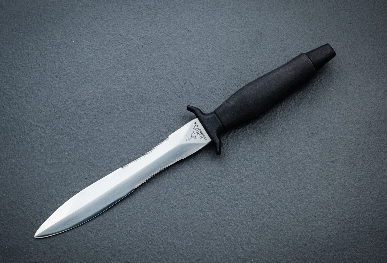 Gerber Legendary Blades  Mark II Dagger Satin Blade Partially Serrated w/ Black Aluminum Handle and Leather Sheath