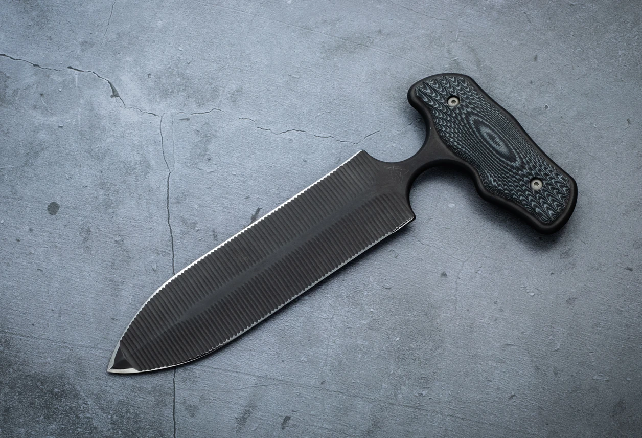 Allen Elishewitz Push Dagger Black Blade w/ Black / Gray G-10 Handle and Leather Sheath