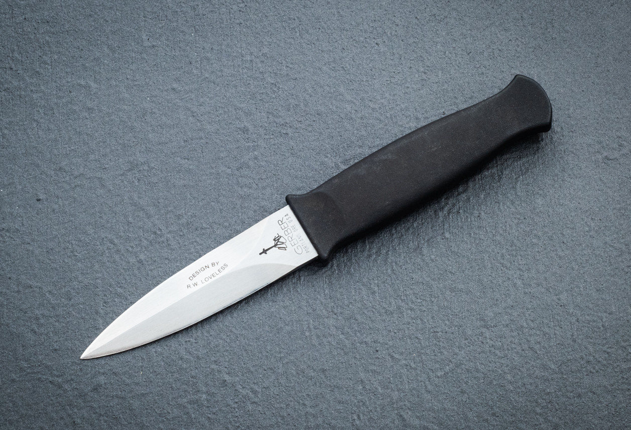 Gerber Legendary Blades RW Loveless Design Guardian Dagger Satin Blade w/ Black Aluminum Handle and Leather Sheath