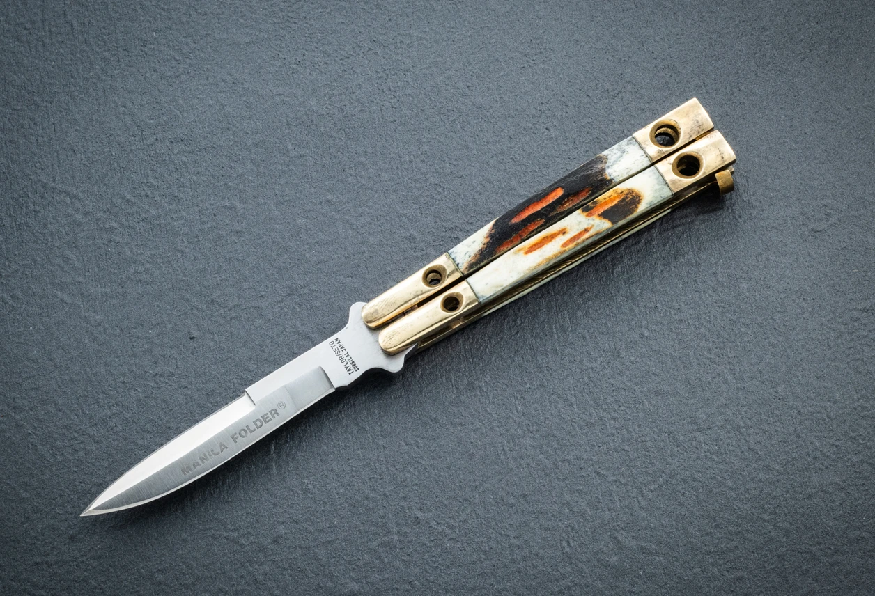 Taylor / Seto Knives Manilla Folder Handmade Balisong Knife Stag Bone Handles