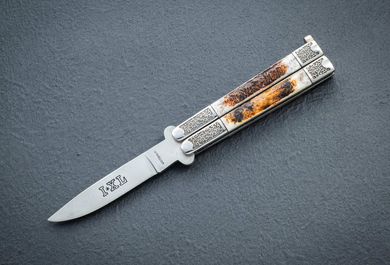 Wostenholm Cutlery I*XL Handmade Balisong Knife Burnt Jigged Bone Handles