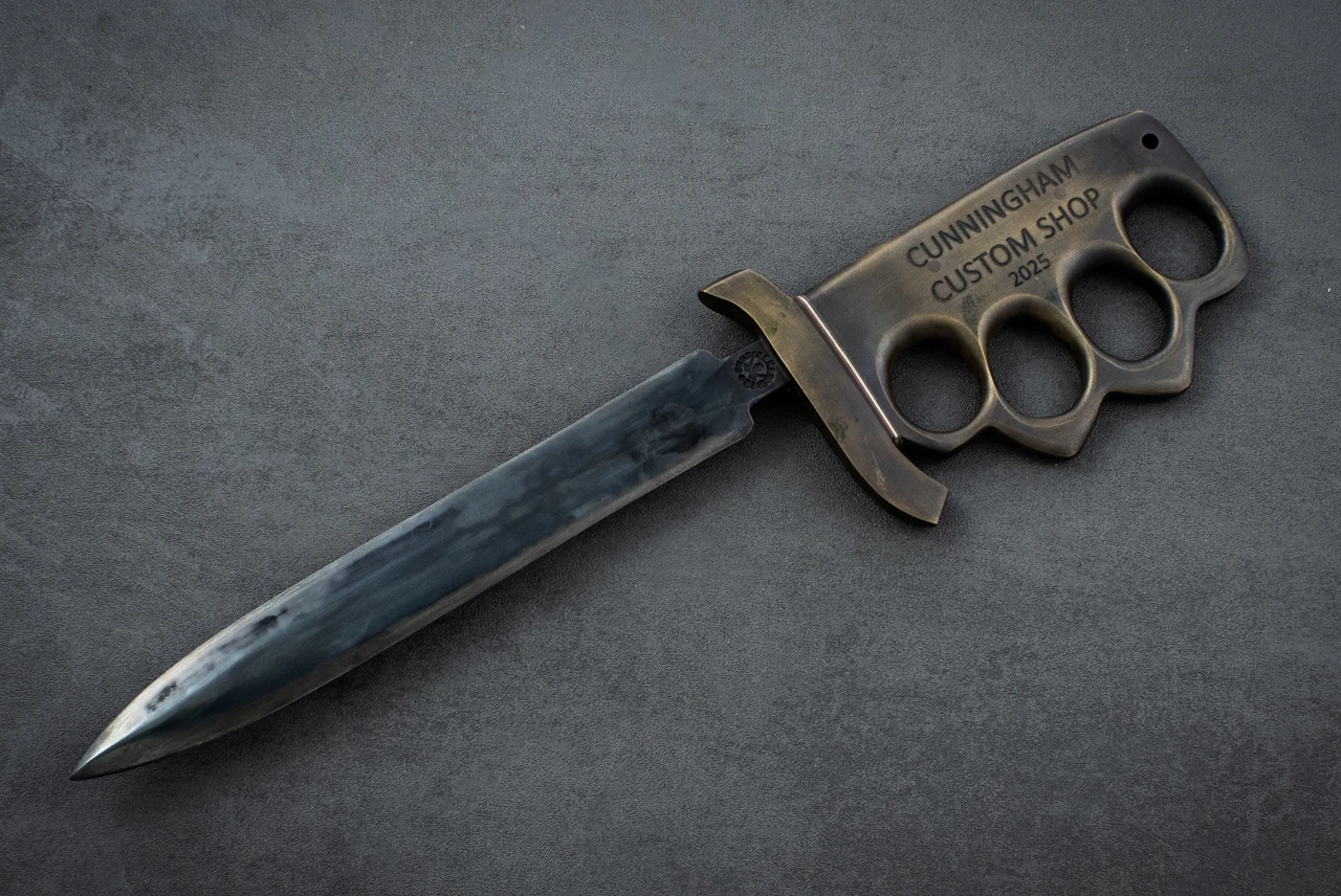 Cunningham Custom Shop WWI Style Fairbairn-Sykes Trench Knife w/ Leather Sheath - #195