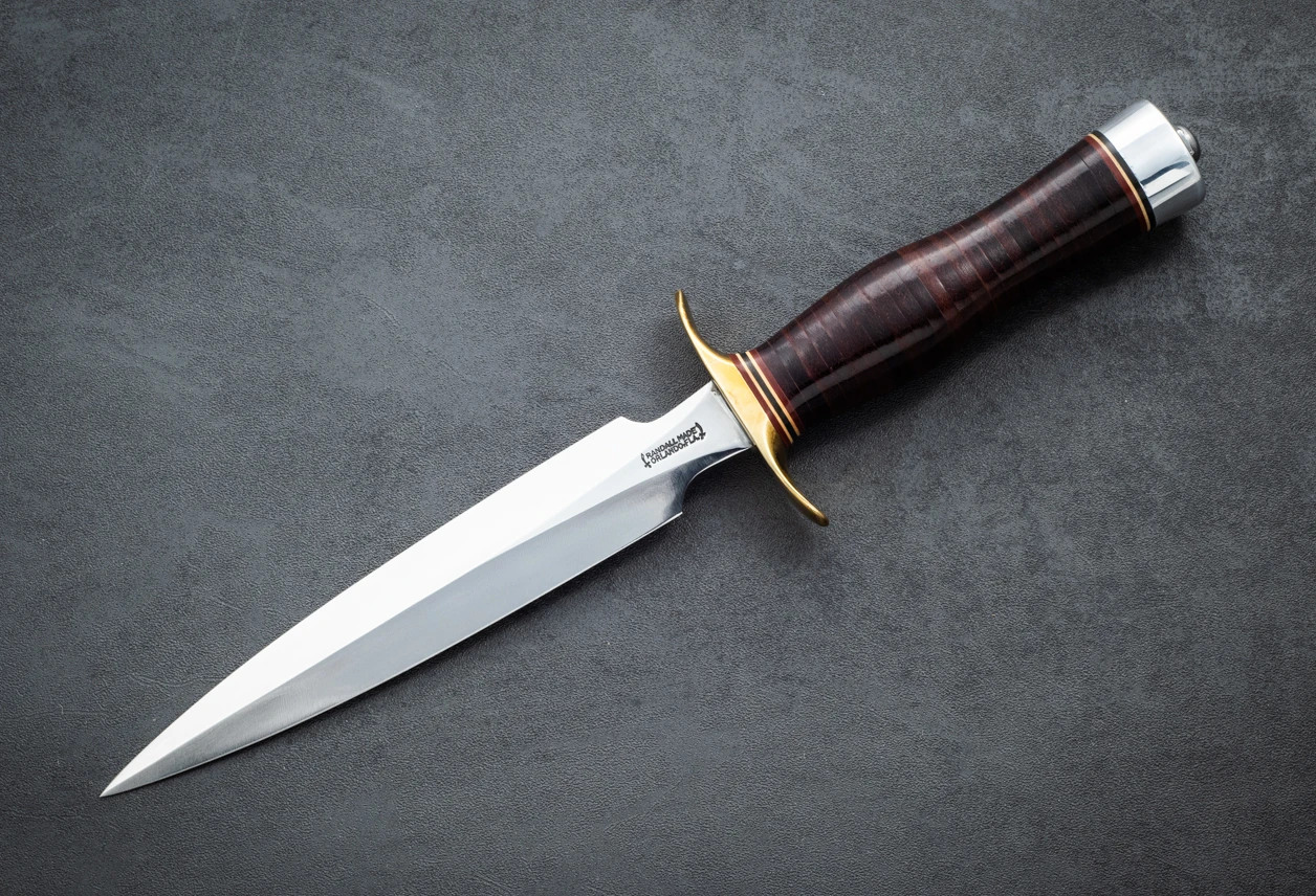 Randall Made Knives Model 2-7" Fighting Stiletto Fixed Blade knife Carbon Steel Polished Blade w/ Brown Stacked Leather Handle and Leather Sheath