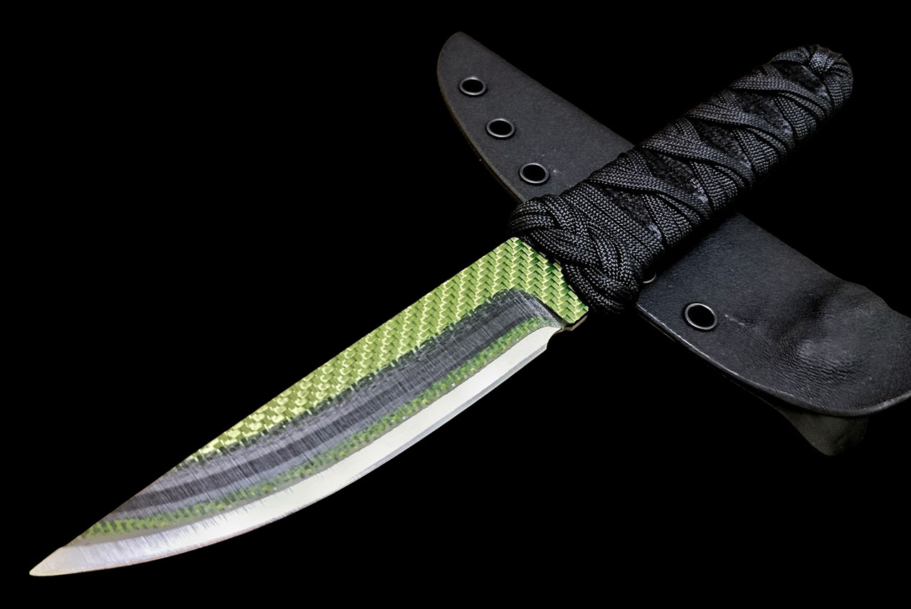 Ecos Knives Custom 9.50" Carbon Fiber Knife w/ Black Turk Satin Cord / Paracord Handle and Sheath
