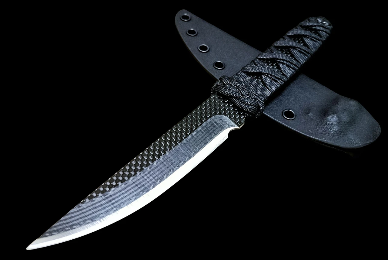 Ecos Knives Custom 9.625" Carbon Fiber Knife w/ Black Turk Paracord Handle and Sheath