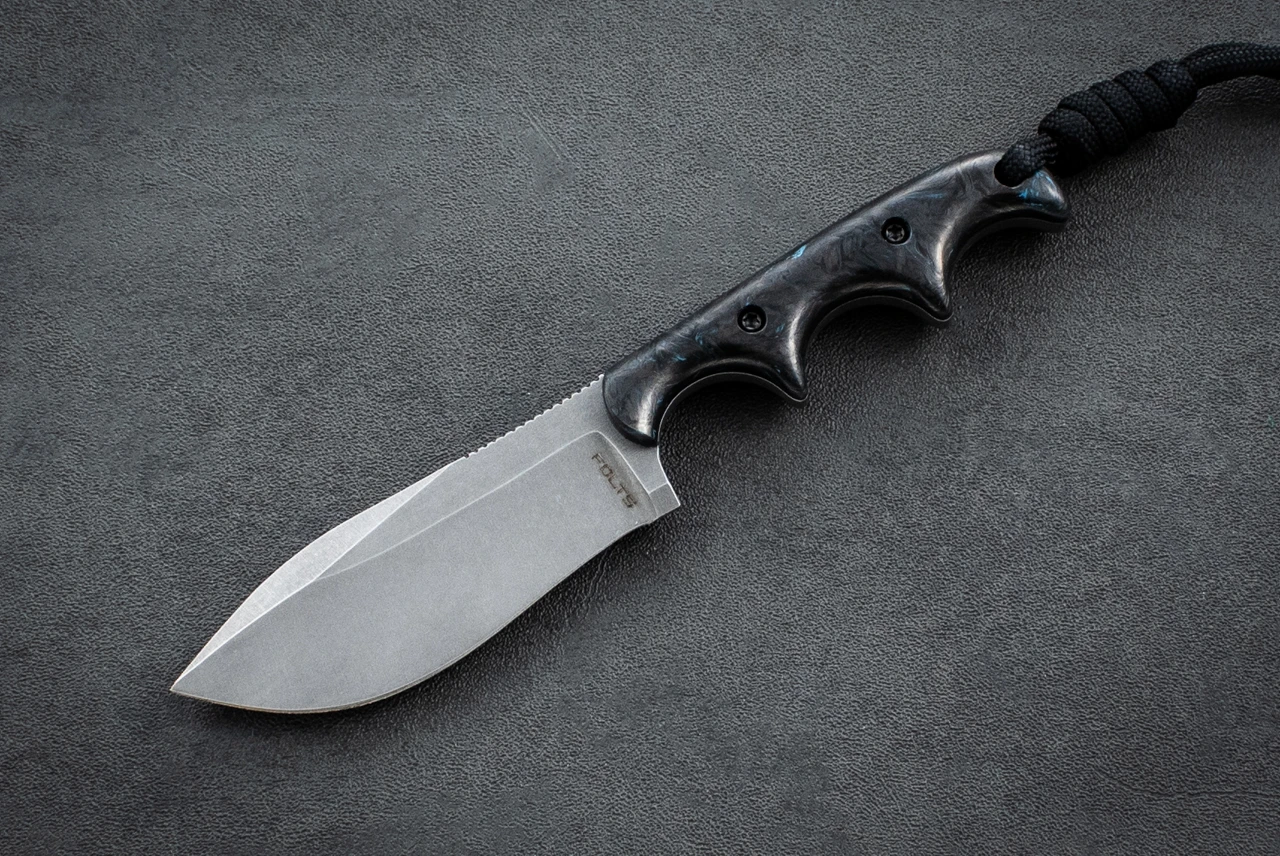 Alan Folts Minimalist Fixed Blade Knife Nessmuk Tumbled w/ Blue Marble FatCarbon Handle and Kydex