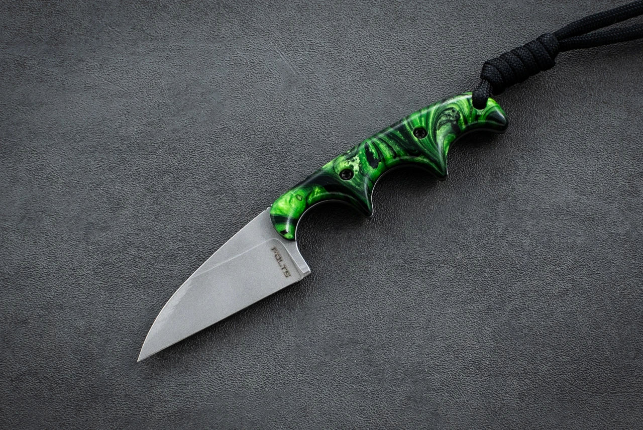Alan Folts Minimalist Fixed Blade Knife Wharncliffe Tumbled w/ J Hue Green / Black Acrylic Handle and Kydex